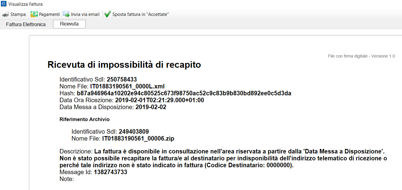 notifica mancata consegna fatture elettroniche
